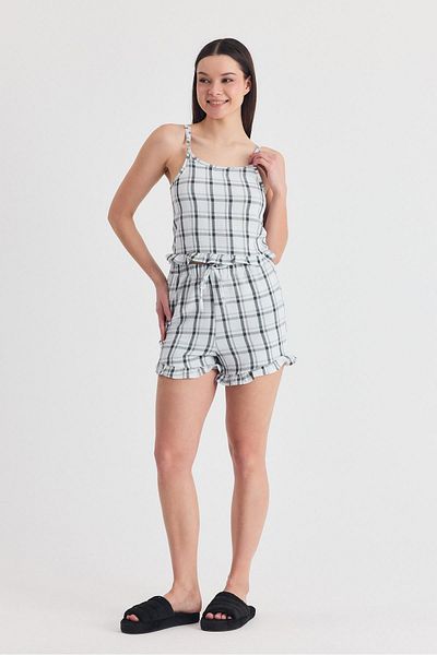 Rays Black Plaid Patterned Ruffle Detailed Shorts Suit 4452