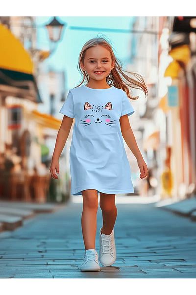 MORNİNG KİDS Tricou-Rochie pentru fetiță, albastru, cu imprimeu Kitten