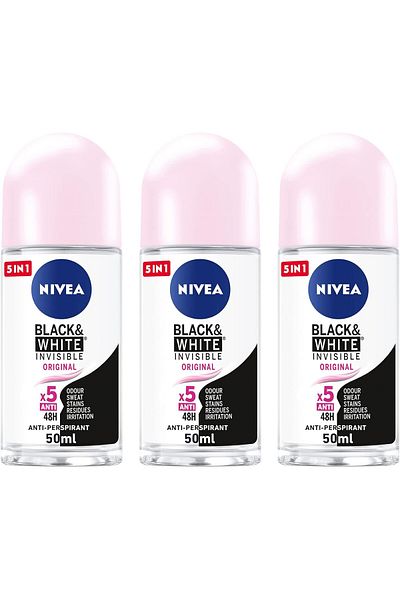 NIVEA Black & White Invisible Antiperspirant Roll-On for Women, 3x50ml