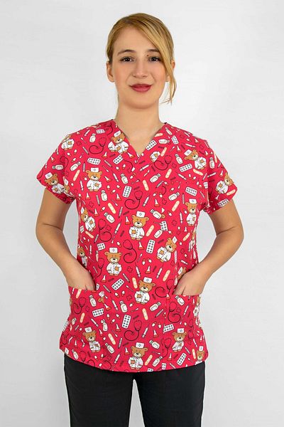 Nur Medikal Giyim Unisex Red Teddy Bear Patterned Hospital Doctor Nurse Uniform, Top Uniform