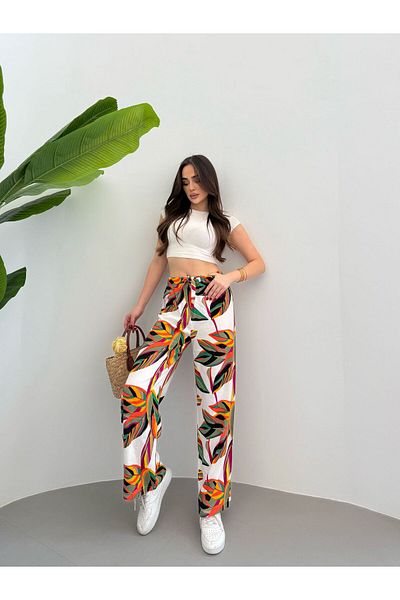 Ozy Fashion White-Orange Patterned Wide Leg Viscose Palazzo Trousers with Elastic Waist and Tie Detail