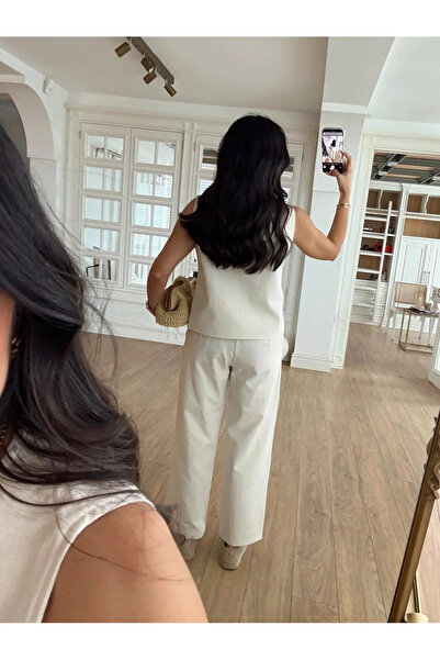 My Blog Ecru Gold Button Side Zipper Trousers Suit - 7134