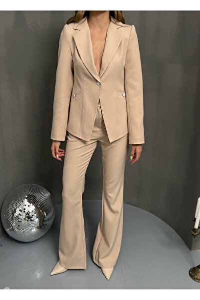 Milamia Jachetă blazer bej pentru femei cu detaliu de nasturi