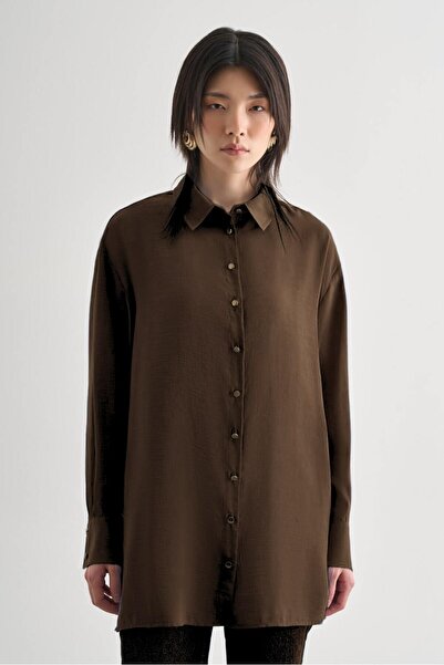 Mizalle Yan Düğme Detaylı Premium Modal Kahverengi Tunik