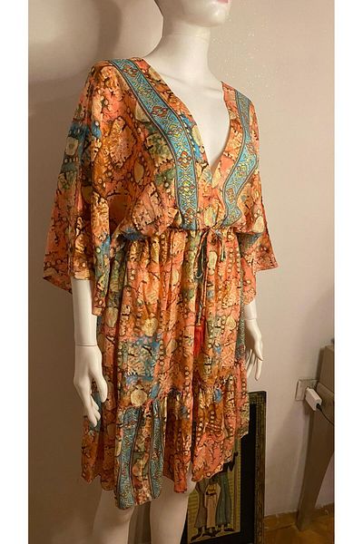 aSSa Imported Indian Silk Front and Back V Tie Detail Dress
