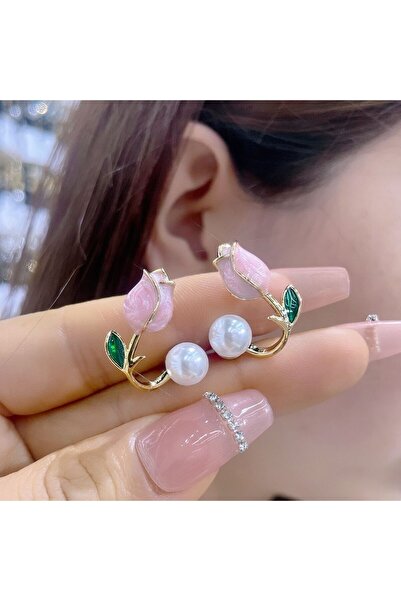 Choice ER22Y0955-2 أقراط مرصعة باللؤلؤ والمينا على شكل زهرة توليب أنيقة للنسا...