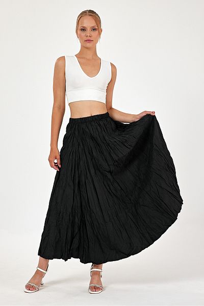 Pek Moda Γυναικεία μαύρη πλισέ υφασμάτινη φούστα Maxi Crush Flared Effect Μακριά φούστα