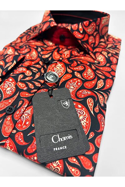 Chamis SlimFit Kırmızı Siyah Şal Desenli Saten Uzun Yaka Gömlek
