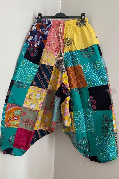 AYASOFYA OTANTIK Women's Nepalese Multi Color Ethnic Patchwork Loose Bohemian Baggy Trousers with Lace up Waist and Elasticized Legs