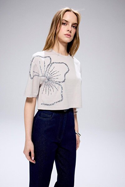 rue Λεπτομερές Crop γκρι μπλουζάκι με κέντημα λουλουδιών
