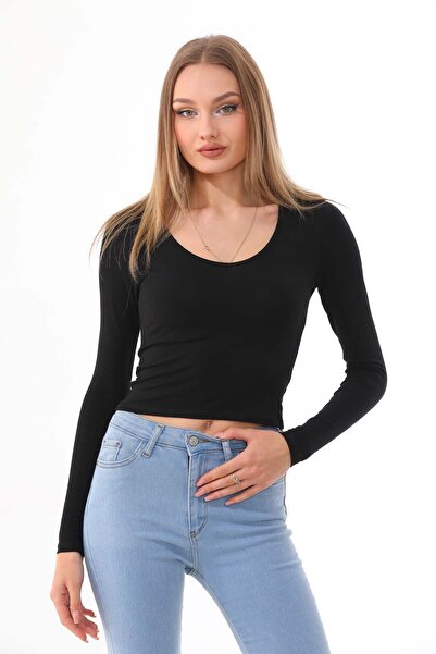 penyebizden تي شيرت نسائي قصير من القطن برقبة على شكل حرف V - أسود