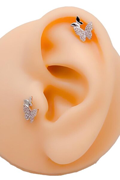 Trinos Cerrahi Çelik Piercing  İkili Kelebek Figürlü Kıkırdak Helix Tragus Pi...