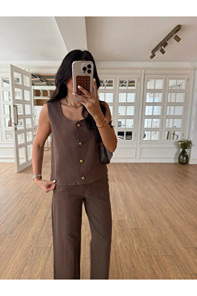 My Blog Brown Gold Button Side Zipper Trousers Suit - 7134