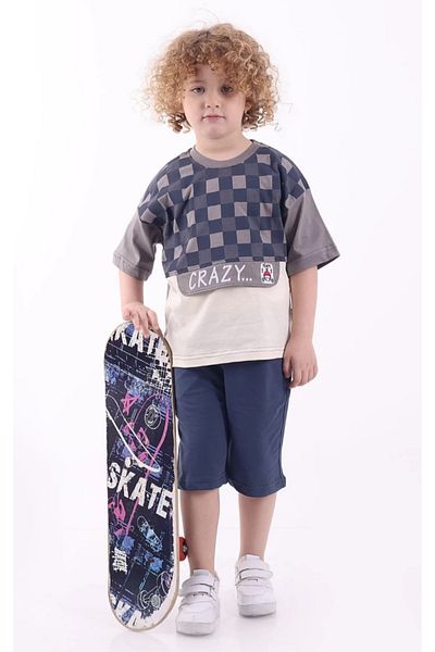 ayzen store Square Printed 3-4-5-6 Years Old Oversize Cut Cotton Boy's Summer Shorts Suit