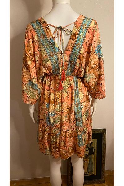 aSSa Imported Indian Silk Front and Back V Tie Detail Dress