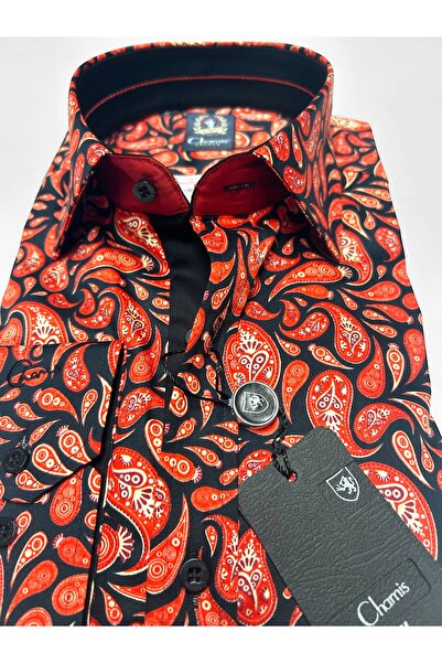 Chamis SlimFit Kırmızı Siyah Şal Desenli Saten Uzun Yaka Gömlek