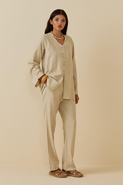 Fahhar Dark Beige Linen Shirt Jacket