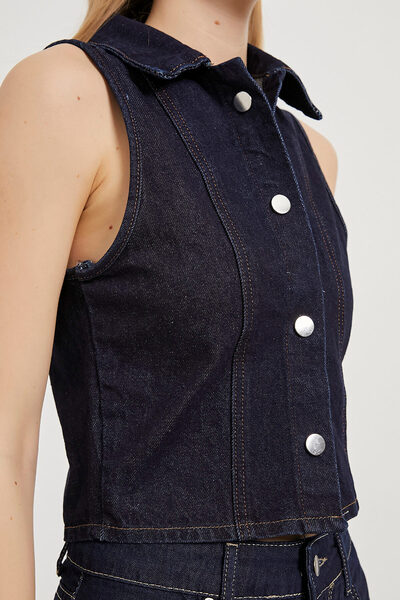 Arma Life Kadın Düğmeli Polo Yaka Kolsuz Lacivert Crop Yelek