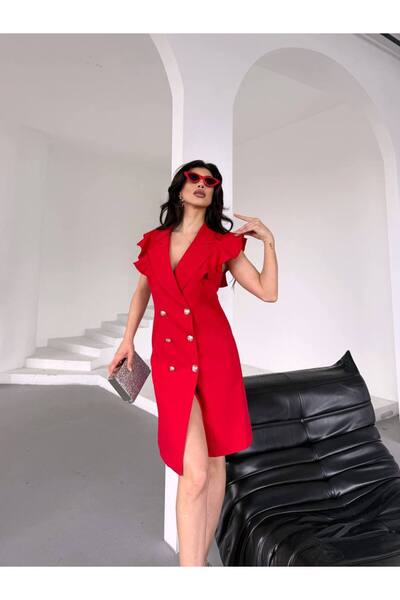 BARG FASHION KADIN CEKET ELBİSE KISA KOLU FIRFIRLI DÜĞMELİ