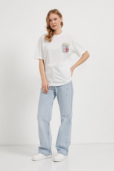 Arma Life Women's Front Back Print Patterned Oversize White T-Shirt