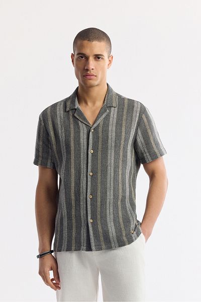 Avva Men's Anthracite Apaj Collar Striped Etamine Textured Short Sleeve Shirt A51Y2138
