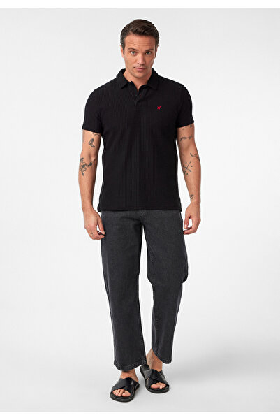 Williot Clarimonds Black Regular Fit Red Embroidered Cotton Jacquard Short Sleeve Men's Polo Neck T-Shirt