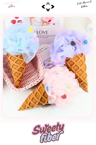 LİGROUND Sweety Fiber 3 Pieces Ice Cream Patterned Shower Bath Scrub Bath Body Washcloth Patterned Bath Sponge