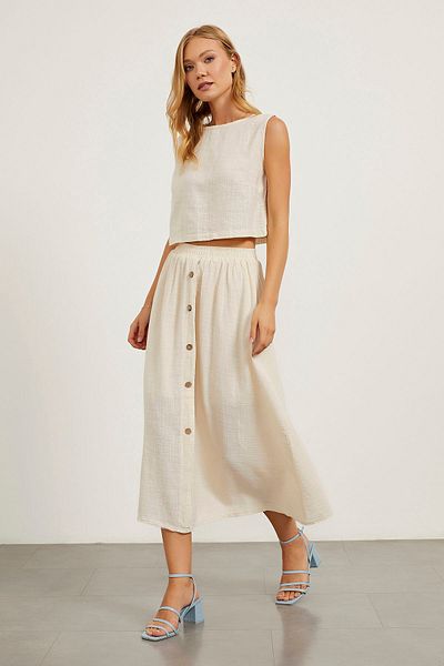 Arma Life Women's Summer Ecru Long Skirt with Elastic Waist and Buttons