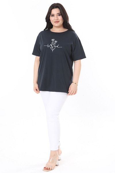 Şans Navy Blue Short Sleeve Women's Blouse - Crew Neck, Plus Size 65N38006