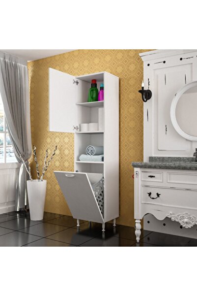 Modilayn 45*160 Cm Kirli Çamaşır Dolabı Tek Kapaklı Açık Raflı Sepetli Banyo Dolabı