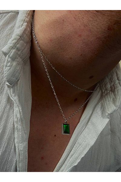Arvens Men's Silver Chain Green Stone Stainless Steel Necklace Does Not Lose Color Does Not Fade Unisex Does Not Fade