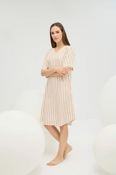 Sevim 16722 Beige Striped V-Neck Home Wear Nightgown