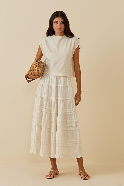 Fahhar Ribbed Linen Skirt, Beige Color
