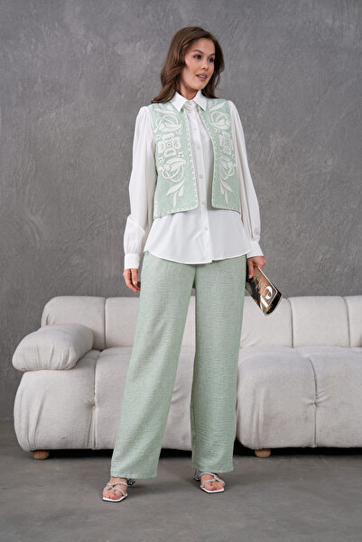 Miss Allos طقم سترة وبنطلون من الكتان للسيدات مع تطريز أمامي وخلفي باللؤلؤ والحجر