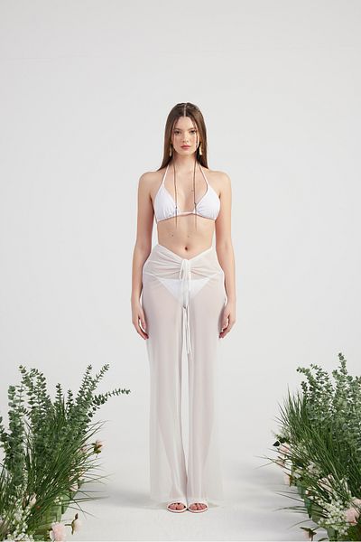 HOLLY LOLLY Waist Rope Detailed Tulle Pareo Shirred Trousers White