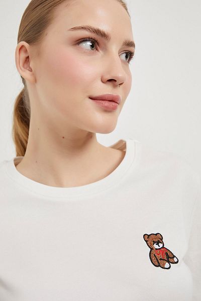 Arma Life Women's Summer Teddy Bear Embroidered Short Sleeve Ecru T-Shirt