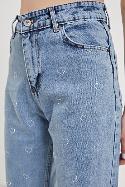 Arma Life Kadın Taşlı Straight Kalpli Buz Mavi Kot Pantolon