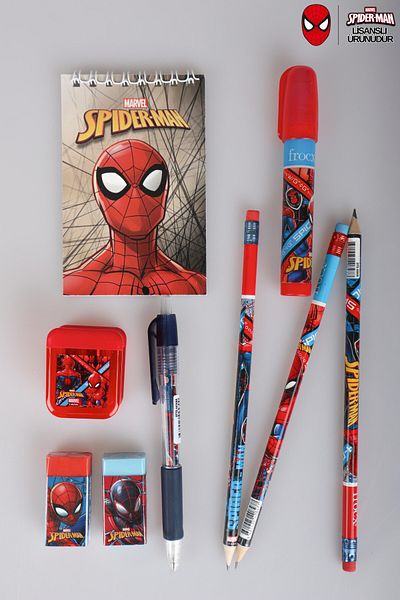 SPIDERMAN Licence Spiderman 9 Pieces Stationery Set Nib Pen, Block Note, 3 Pcs Pencils, Pencil Sharpener, Rocket Wiper