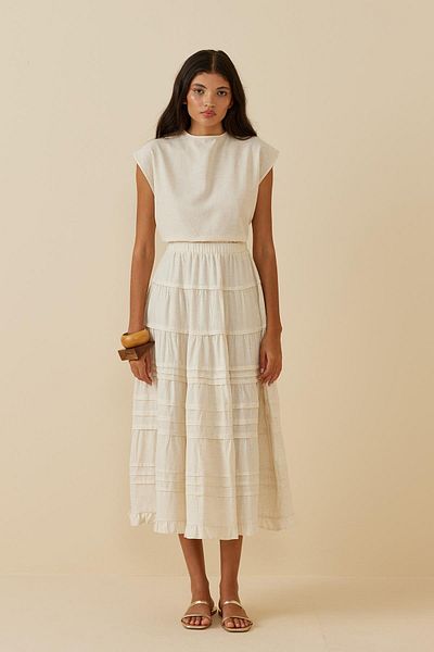 Fahhar Ribbed Linen Skirt, Beige Color