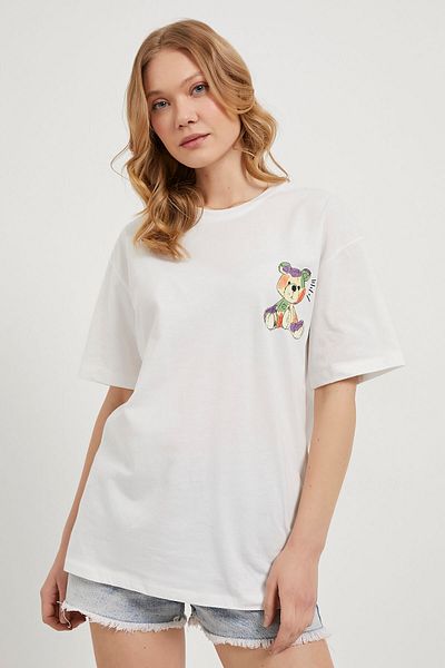 Arma Life Women's Front Back Teddy Bear Printed Oversize Ecru T-Shirt