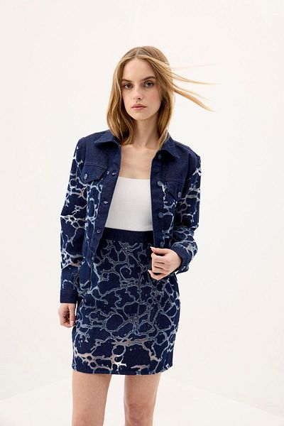 rue. Fusta mini din denim albastru bleumarin cu detaliu transparent