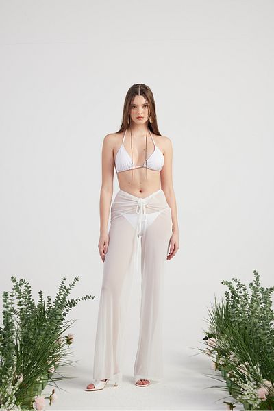 HOLLY LOLLY Waist Rope Detailed Tulle Pareo Shirred Trousers White