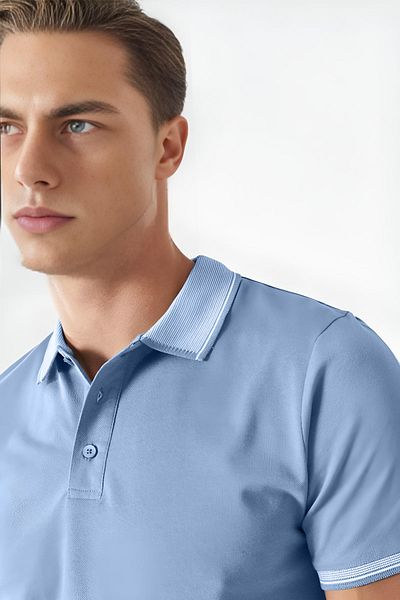 C&C OKULCUNUZ Bumbac Guler Regular Detaliat Fit Button Guler Polo Tricou Baby Blue Bărbați