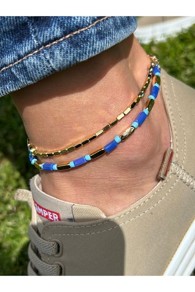 ByMerve Elegant Stylish Women's Tarnish-Free Gold Blue 2-Piece Set 26 cm Bead Anklet