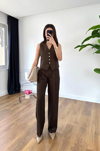 My Blog Brown Gold Button Polyviscon Fabric Vest Suit - 0375