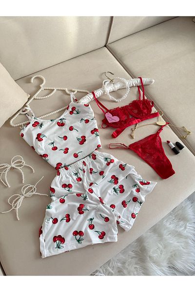 EDLİNGERİE Ecru Cherry Patterned Pajama Set