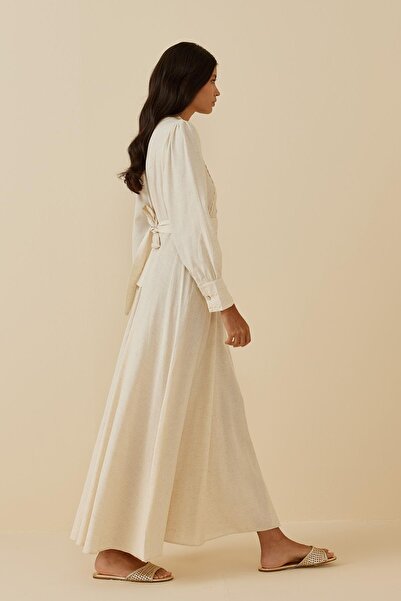 Fahhar Su Taşlı Keten Elbise Bej