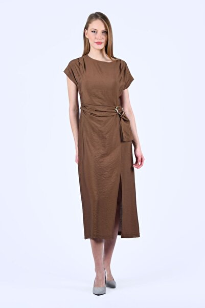 la luce Kahve Kendinden Kemerli Midi Elbise - QE339