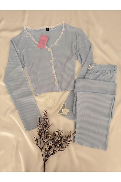 MH Moony Homewears Set de pijamale moale din twill albastru