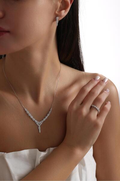 Tufanlar Kuyumculuk 14 Ayar Beyaz Gerdanlık Taşlı Altın Düğün Seti